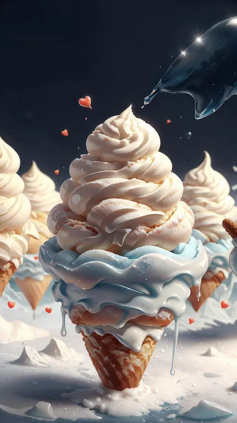 there are many ice cream cones with icing on them