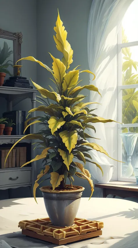 there is a potted plant on a table in front of a window