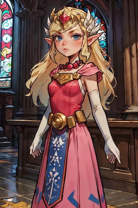 zelda, blue eyes, blonde hair, white elbow gloves, pink dress, jewelry, belt, tiara, looking at viewer, serious, standing, inside church, stained glass, high quality, masterpiece, <lora:Toon_Zelda_v1:.7>