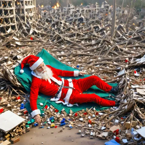 santa claus laying on a blanket in a pile of debris