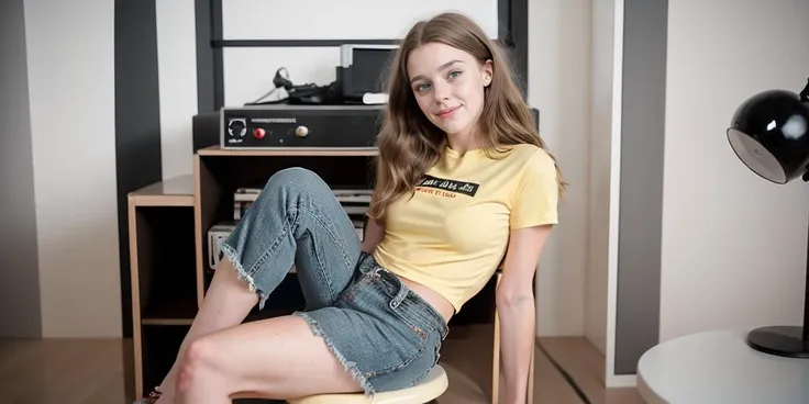 A realistic Photo.
Beautiful woman jp-Mishav2-3050 in room. She has long curly blond hair and soft breasts. Awesome smile.
She is dressed in a yellow tshirt and  denim shorts.
Sitting on a Chair and listen to a big science fiction Radio on a table designed...