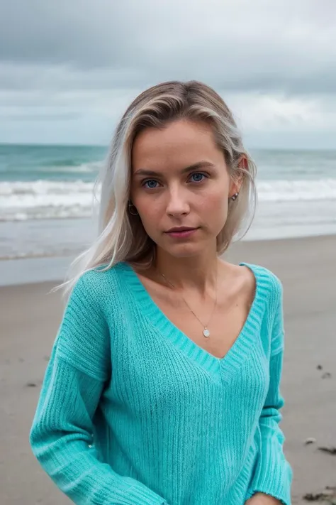 a woman standing on a beach with a blue sweater on