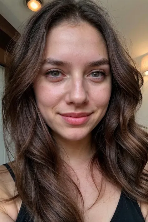 a close up of a woman with long brown hair and a black top