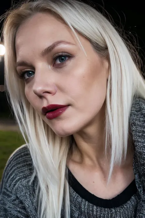 closeup shot of simple australian sloppy albino nasty milf with sloppy lipstick and black sloppy pullover and tangled unwashed hair waiting in night park, erotic, rain
BREAK  cloudy, detailed skin, natural lighting, gloomy