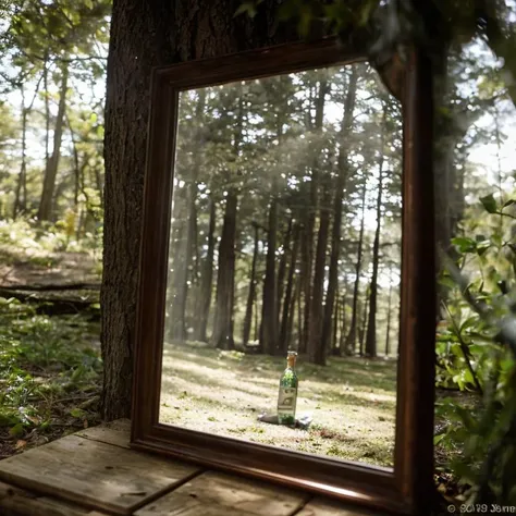 there is a mirror that is sitting on a table in the woods