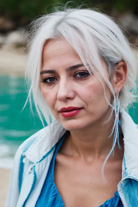 a woman with white hair and blue shirt standing on a beach