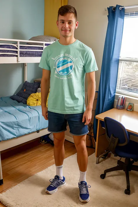 college dorm room, messy room, standing next to a student desk, window and twin bed in the background, smirking, BrennerBolton wearing jean shorts and a shirt, socks and sneakers, holding a backpack,  (((full body portrait))), wide angle,  <lora:BrennerBol...