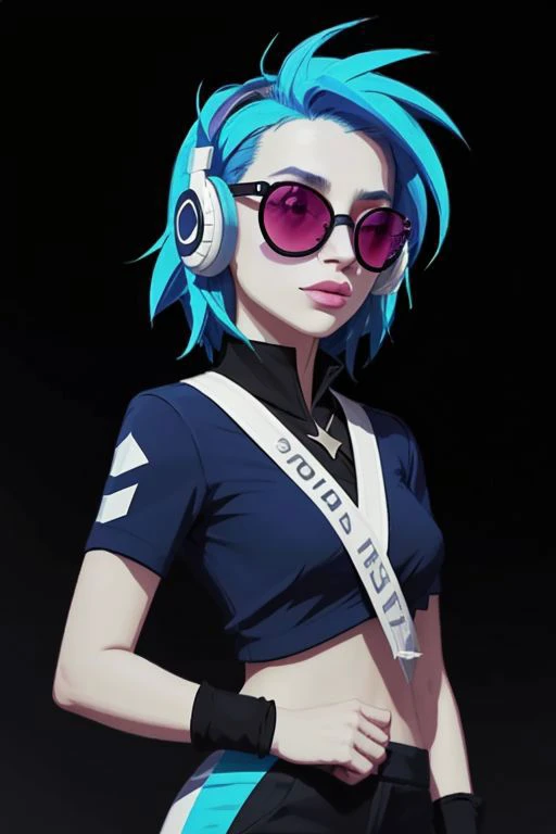 a woman with blue hair and sunglasses wearing headphones