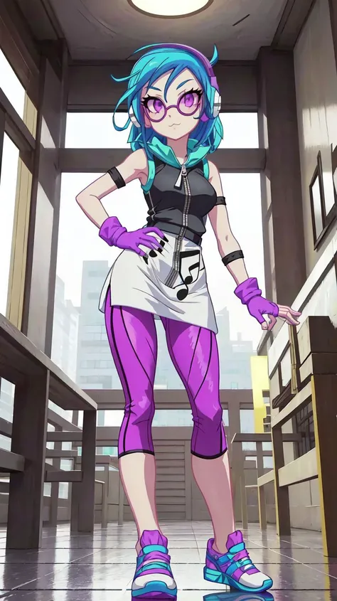 masterpiece,best quality,sunbeam,1girl,solo,sidewalk,day,indoors,ballroom,table,chandelier,window,
<lora:DJPon3:1>,DJPon3,gloves,blue hair,shoes,(sunglasses),fingerless gloves,hand on hip,headphones,purple leggings,sneakers,musical note,white minidress,zip...