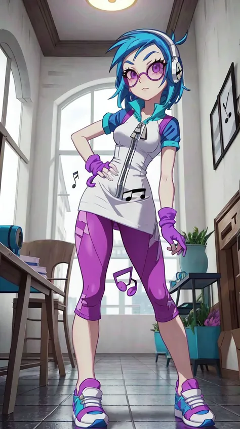 masterpiece,best quality,sunbeam,1girl,solo,sidewalk,day,indoors,ballroom,table,chandelier,window,
<lora:DJPon3:1>,DJPon3,gloves,blue hair,shoes,(sunglasses),fingerless gloves,hand on hip,headphones,purple leggings,sunglasses,sneakers,musical note,white mi...