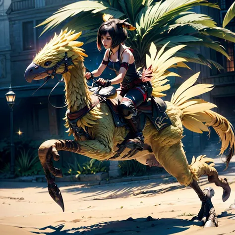 (best quality, masterpiece, beautiful and aesthetic:1.2, colorful, dynamic angle), (Final Fantasy, ( Miqote Botanist ),  full body  , bright  atmostpher, riding a chocobo <lora:Chocobo_FF:0.8>  | detailed background | sparkles | shiny ),(action shot, origi...