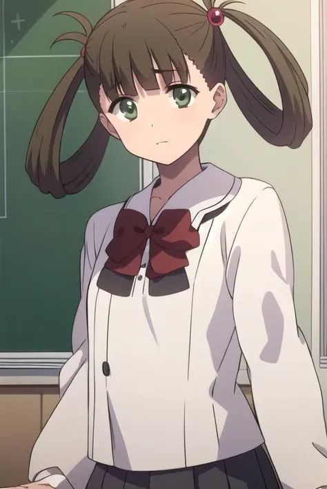 hikarikuroda, <lyco:hikarikuroda-lyco-nochekaiser:1>,
hikari kuroda, bangs, (brown hair:1.5), hair ornament, twintails, (green eyes:1.5), hair bobbles, hair rings,
BREAK school uniform, long sleeves, bow, red bow,
BREAK looking at viewer,
BREAK indoors, cl...