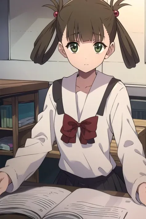 hikarikuroda, <lyco:hikarikuroda-lyco-nochekaiser:1>,
hikari kuroda, bangs, (brown hair:1.5), hair ornament, twintails, (green eyes:1.5), hair bobbles, hair rings,
BREAK school uniform, long sleeves, bow, red bow,
BREAK looking at viewer,
BREAK indoors, cl...