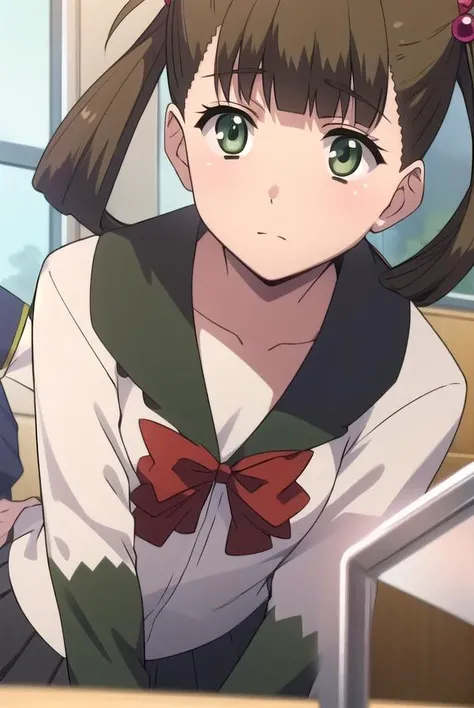 hikarikuroda, <lyco:hikarikuroda-lyco-nochekaiser:1>,
hikari kuroda, bangs, (brown hair:1.5), hair ornament, twintails, (green eyes:1.5), hair bobbles, hair rings,
BREAK school uniform, long sleeves, bow, red bow,
BREAK looking at viewer,
BREAK indoors, cl...