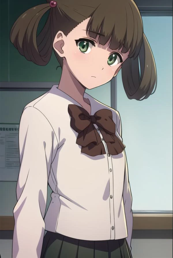 hikarikuroda, <lyco:hikarikuroda-lyco-nochekaiser:1>,
hikari kuroda, bangs, (brown hair:1.5), hair ornament, twintails, (green eyes:1.5), hair bobbles, hair rings,
BREAK school uniform, long sleeves, bow, red bow,
BREAK looking at viewer,
BREAK indoors, cl...