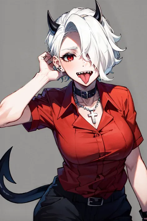 masterpiece, best quality,  1girl, zdrada(helltaker), solo, short hair, demon girl, black horns, 1girl, demon horns, red eyes, white hair, demon tail, hair over one eye, horns, ear piercing,  red shirt, collared shirt, cross necklace, cross, choker, black ...