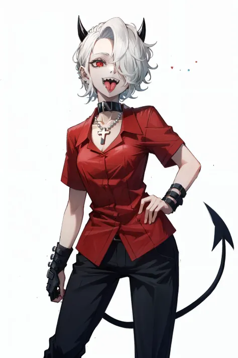 zdrada(helltaker), solo, short hair, demon girl, black horns,  1girl, demon horns, red eyes, white background, ,white hair, demon tail, tail, hair over one eye, horns, ear piercing, simple background , red shirt, collared shirt, cross necklace, cross, chok...