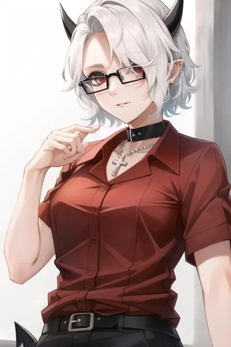 ((best quality)), ((highly detailed)), masterpiece, extremely detailed face, beautiful face, (detailed eyes, deep eyes), (1girl), (glasses), upper body, <lora:zdrada:.9>, zdrada(helltaker), short hair, white hair, hair over one eye, red eyes, demon horns, ...