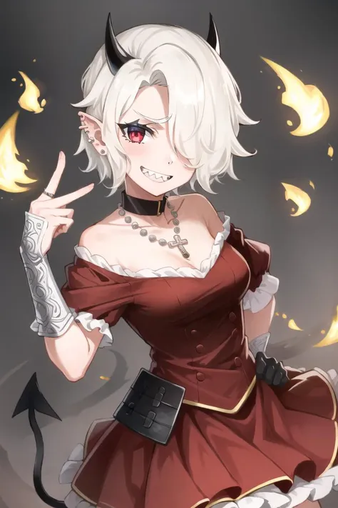 ((best quality)), ((highly detailed)), masterpiece, (detailed eyes, deep eyes), (1girl), cowboy shot, <lora:zdrada:.7>, zdrada(helltaker), short hair, white hair, hair over one eye, red eyes, demon horns, black horns, tail, <lora:Better Sharp Teeth 3:.95>,...