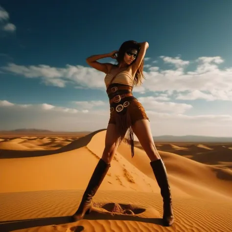 a woman in a cowboy outfit standing on top of a desert