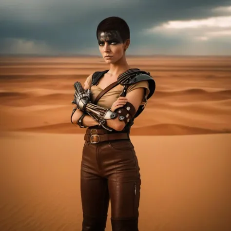 a close up of a woman in a desert with a gun