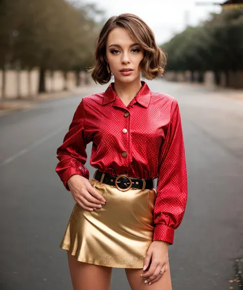 cinematic photo , lens flare, realistic, depth of field, RAW photo,  <lora:quiron_NikitaBellucci_v1_lora:0.87> NikitaBellucciQuiron woman, a  woman Dressed in the (style of  Polka dot collared shirt worn untucked with a solid color flared skirt, accessoriz...