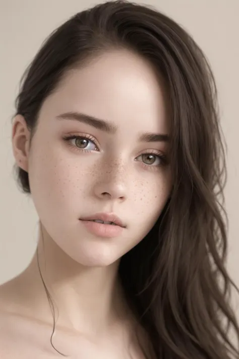 a woman with long hair and freckled skin looks at the camera