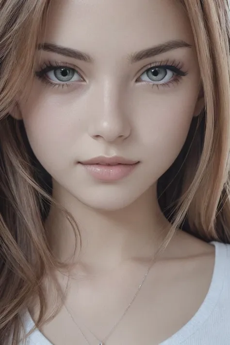 a close up of a woman with long hair and a necklace