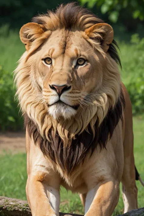 a close up of a lion walking on a log in a field