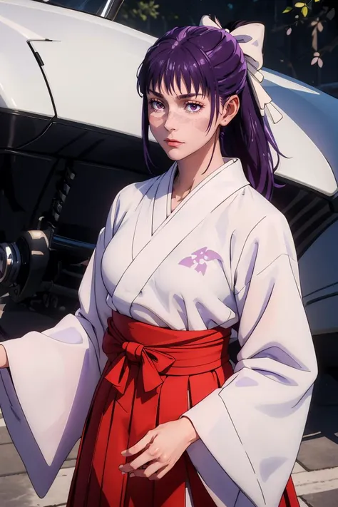 anime girl in kimono outfit holding a sword in front of a car