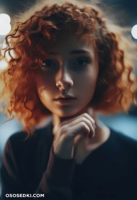 a 18 year Old supercute girl with natural red short curly hair, looking at viewer, photo in the style of Alessio Albi, cinematic composition, cinematic lighting, dark theme