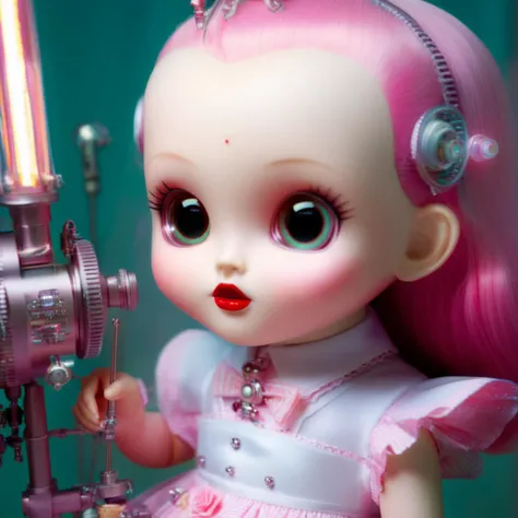 there is a doll with pink hair and a pink dress holding a light