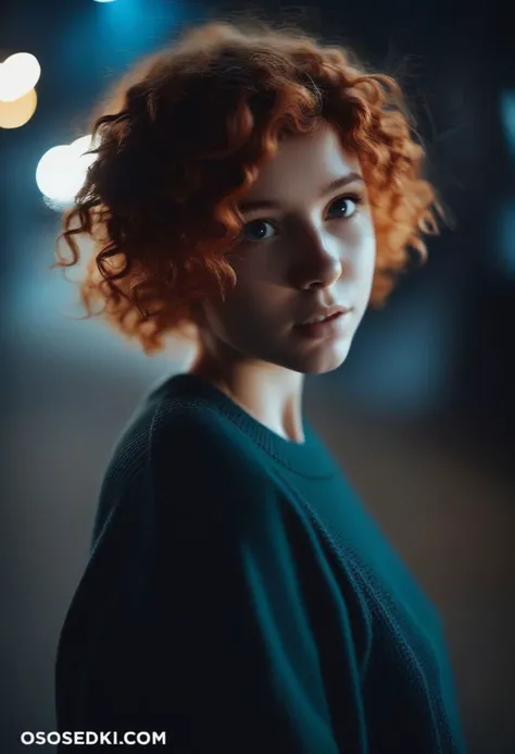 a 18 year Old supercute girl with natural red short curly hair, looking at viewer, photo in the style of Alessio Albi, cinematic composition, cinematic lighting, dark theme