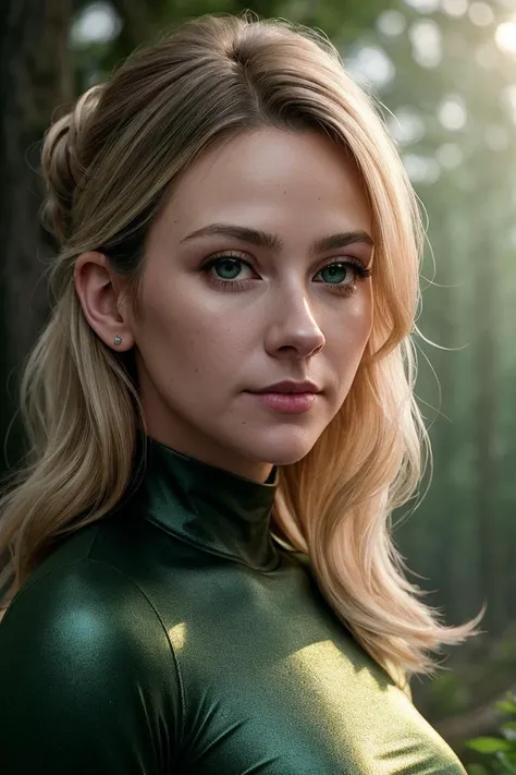 beautiful woman (EPM1ch43l4Murphy:.99): a woman at a (glacial advance:1.1), perfect blonde hair, hair upsweep updo, wearing sexy green (compression shirt), (people in background:1.1), (Magical woodland with towering trees and soft, golden light), (face foc...