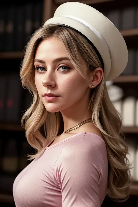 beautiful woman (EPM1ch43l4Murphy:.99): a woman at a (the labors of hercules:1.1), perfect blonde hair, hair upsweep updo, wearing sexy pink (compression shirt), (people in background:1.1), (Vintage hat shop with shelves filled with fashionable hats), (fac...