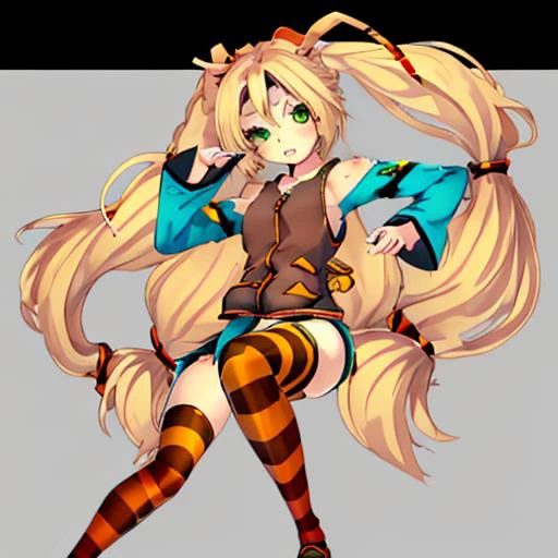 <lora:unity_chan-10:1>unity_chan, 1girl, solo, long hair, blonde hair,twintails, very long hair, green eyes, striped,striped thighhighs