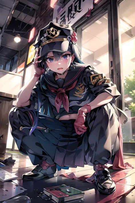 anime girl in uniform sitting on a skateboard in a city