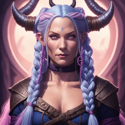 portrait of a female tiefling pirate, long blue hair in braids, rose pink skin, short horns, dungeons and dragons character, fantasy concept art, nordic, viking inspired, critical role, legend of vox machina