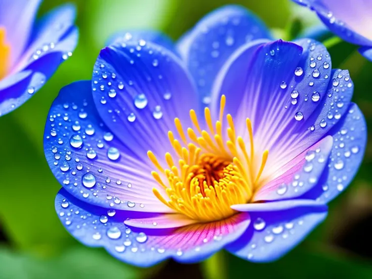 a close up of a blue flower with water droplets on it