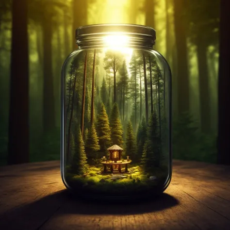 (An intricate forest minitown landscape trapped in a bottle), atmospheric oliva lighting, on the table, 4k UHD, dark vibes, hyper detailed, vibrant colours forest background, epic composition, octane render, sharp focus, high resolution isometric, best ...