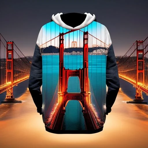 cyberpunk stylish san Francisco golden gate Bridge.3d optical illusion random paatterns to print on all over hoodie and jackets