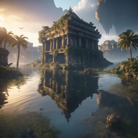 8k, RAW photo, best quality, masterpiece:1.2), (realistic, photo-realistic:1.37), octane render, ultra high res, ultra-detailed , professional lighting, photon mapping, radiosity, physically-based rendering, ue5, ((island sanctuary)), ((ancient fallen king...