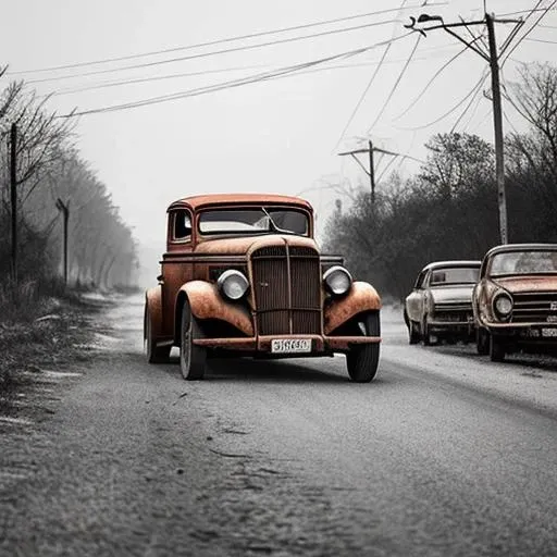 outdoors, minimalistic coloring page for kids with thick crisp outlines 1.25 colorful photo, a hot rod is driving along a city road, in the style of postapocalyptic backdrops, dimitry roulland, rusty debris, classical, historical genre scenes, light red an...