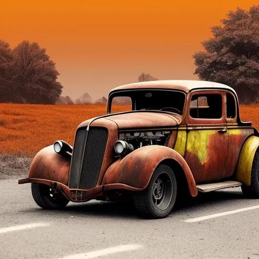 outdoors, minimalistic coloring page for kids with thick crisp outlines 1.25 colorful photo, a hot rod is driving along a city road, in the style of postapocalyptic backdrops, dimitry roulland, rusty debris, classical, historical genre scenes, light red an...