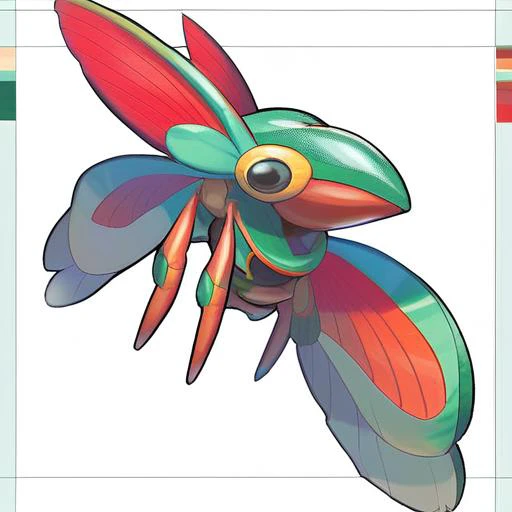 Concept art in the style of Ken Sugimori, drawing of <lora:pokemon_pony_xl:0.5>, Type: Flying, Type: Bug Egg Group: Human-Like Along its flanks are fin-like appendages that aid in steering during high-speed chases,Each of the creatures hairs is tipped with...