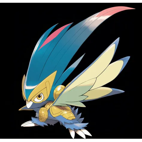 <lora:pokemon_pony_xl:0.6>, Type: Electric, Type: Fighting Egg Group: Water 2 Each of its feathers is edged with a White line that vibrates to produce sounds akin to musical instruments,Its paws leave Gold prints that glow in the dark, leading the lost bac...