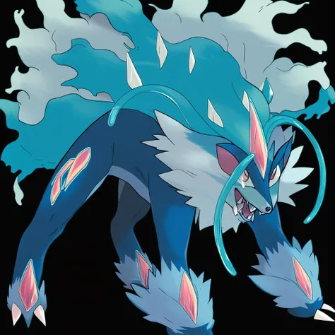 <lora:pokemon_pony_xl:0.9>, Type: Ice, Type: Psychic Egg Group: Field Its hind legs are muscular and adapted for powerful jumps across vast distances,The creature can retract its limbs into its body, adopting a spherical shape to roll away from threats,The...