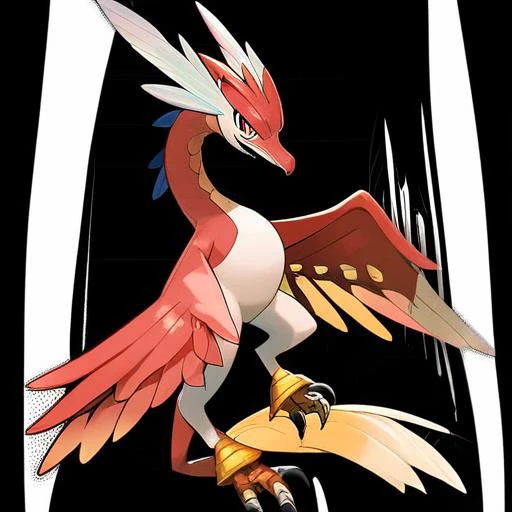 <lora:pokemon_pony_xl:0.5>, Type: Fighting, Type: Fighting Egg Group: Dragon It has a secondary set of transparent eyelids that protect its eyes while underwater,Its tail feathers are elongated and Gold, capable of creating mesmerizing patterns in the air ...