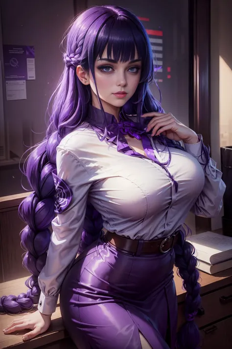 (best quality), (masterpiece), (detailed), 1girl, gorgeous, smug, naughty face, glowing eyes, (purple eyes), long braid hair, bangs, purple hair, ((office lady)), model pose, white shirt, black skirt, voluptuous, aesthetic, Daylight, sunlight, vivid colors...