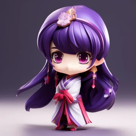 ((chibi figure)), <lora:figure_chibi:0.8>, <lora:RaidenShogun-hands:0.4>, 1girl, blunt bangs, braid, wide sleeves, hair ornament, japanese clothes, red obi, purple hair, very long hair, straight hair, detailed eyes, red eyeshadow, symmetry eyes